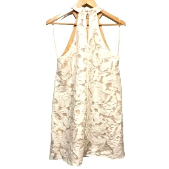 White Sleeveless Lace Floral Textured Halter Mini Dress Open Back Button Closure - Picture 5 of 9